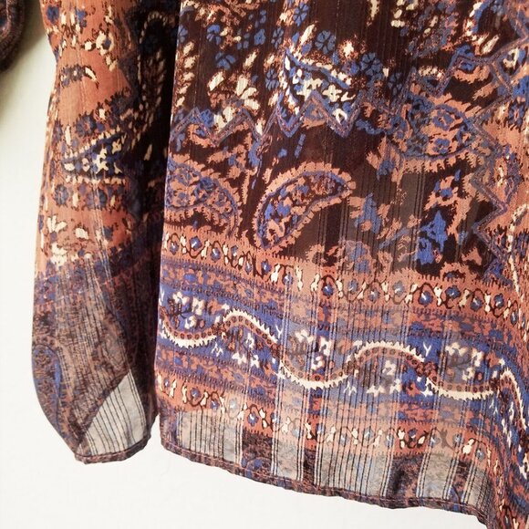 Zara Patchwork Shirt Blouse Top M Oversized Paisley Boho Brown Semi Sheer Collar - Picture 9 of 16
